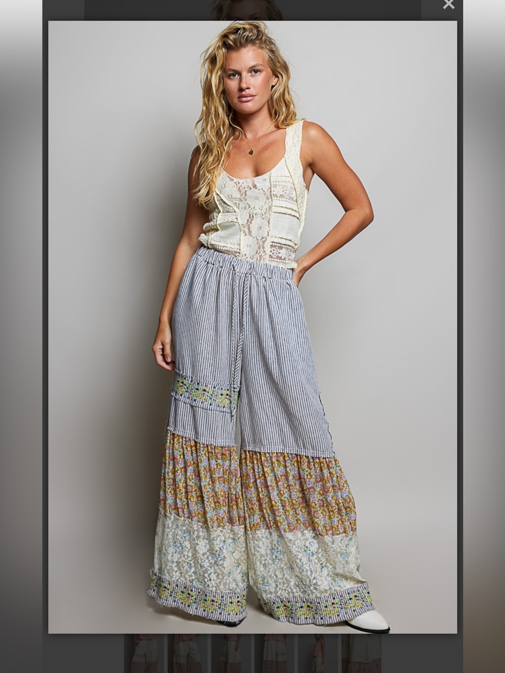 Bohemian Patchwork Wide-Leg Striped and Floral Pants - Picture 2 of 7